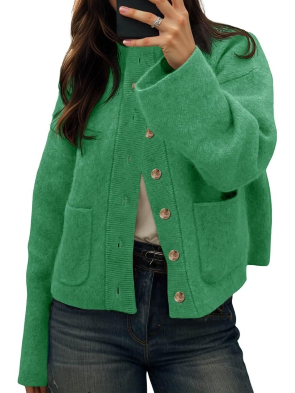 Women Green Mock Neck Chunky Knit Button-down Front Patch Pockets Cozy Jacket